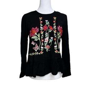 Zara Basic Black Floral Embroidered Peplum Long Sleeve Blouse Top Womens Small